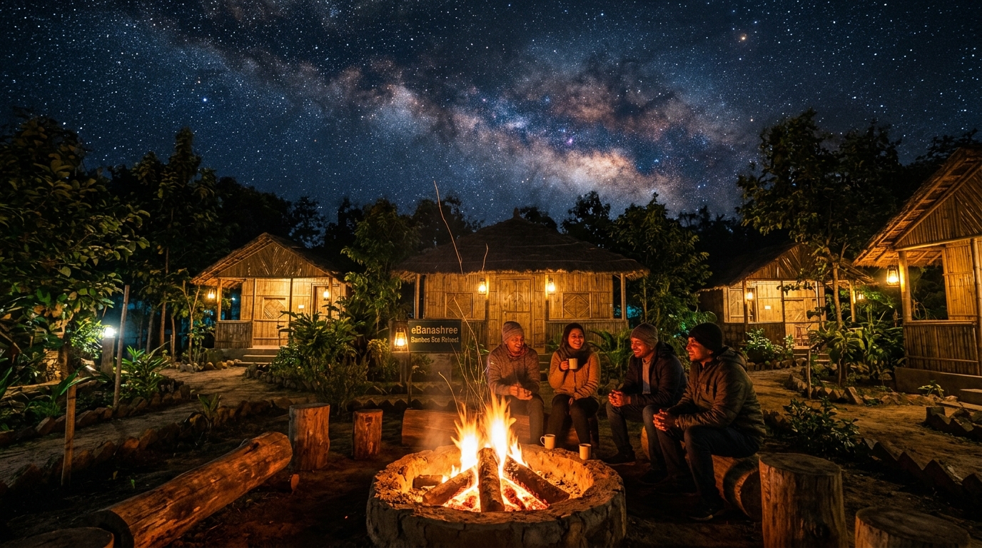 Night stay experience at eBanashree with campfire under starry night