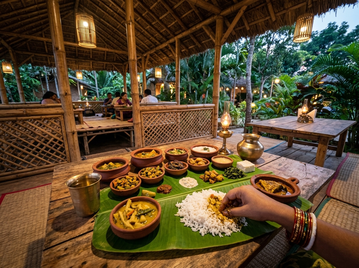 Authentic Odia feast served on banana leaf in bamboo dining gazebo